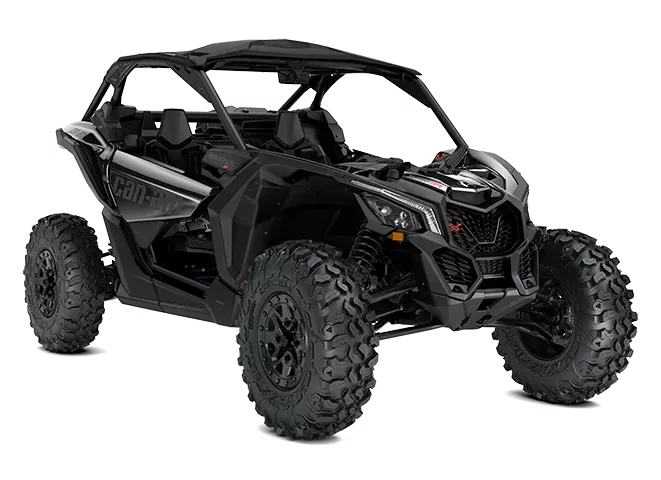 Buggy Can-Am 2 places en noir sans fond, prêt pour l'aventure dans la palmeraie de Marrakech