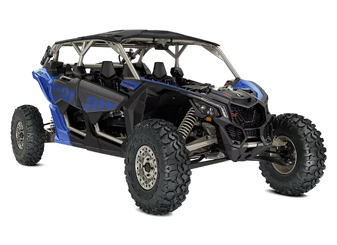 Buggy Can-Am 4 places en noir et bleu sans fond, prêt pour l'aventure dans la palmeraie de Marrakech