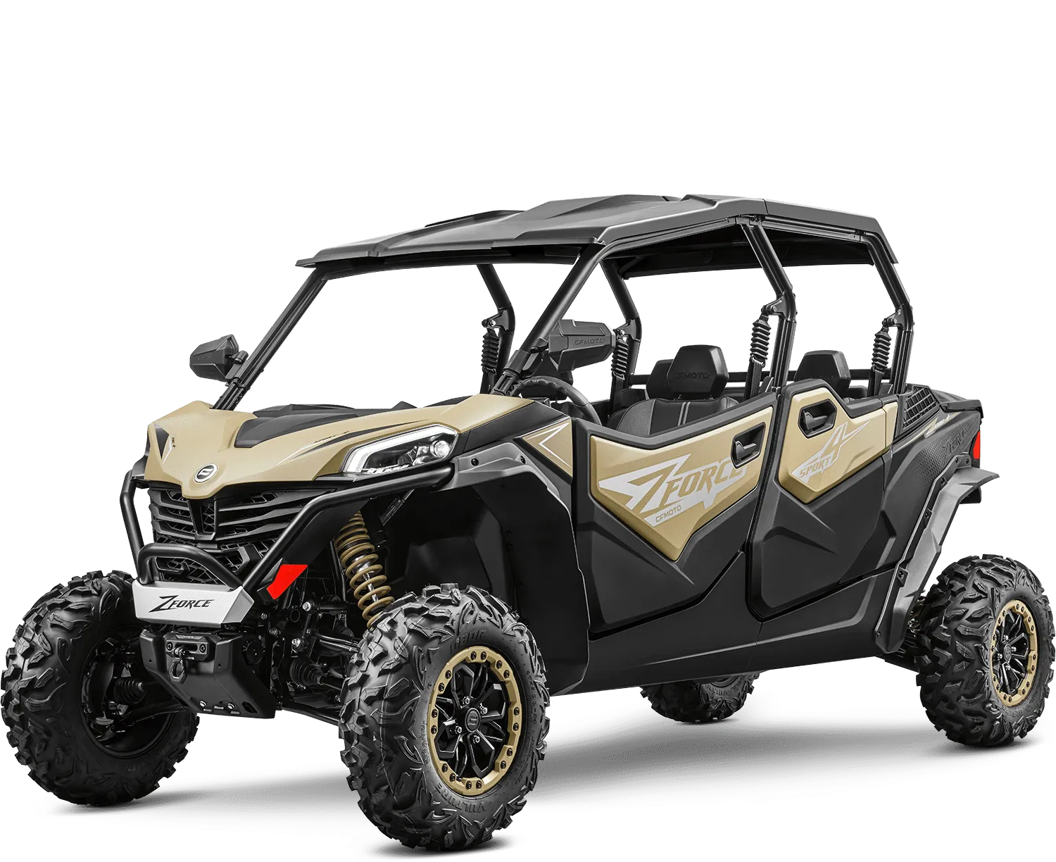 Buggy CFMOTO 4 places en noir et sable sans fond, prêt pour l'aventure dans la palmeraie de Marrakech